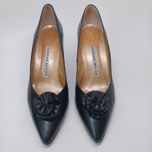 Morgan Taylor Heels Black Leather Rosette Point Toe Classic Vintage Womens 8.5 - Picture 4 of 16